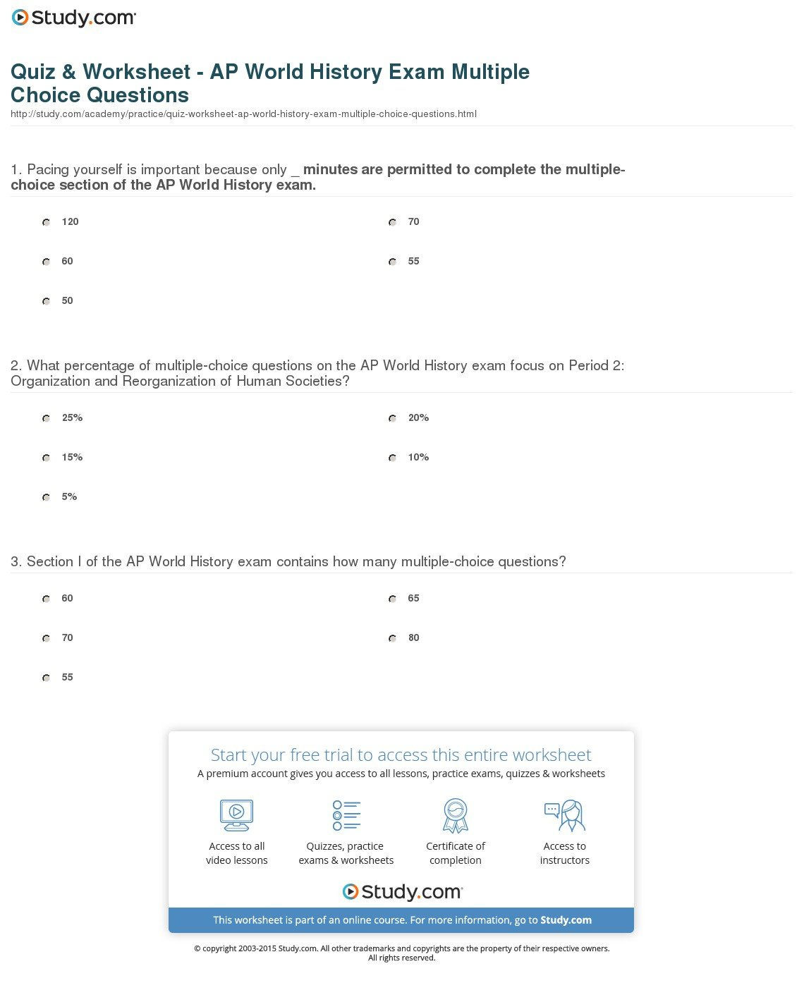 Quiz  Worksheet  Ap World History Exam Multiple Choice Questions As Well As Ap World History Worksheet Answers