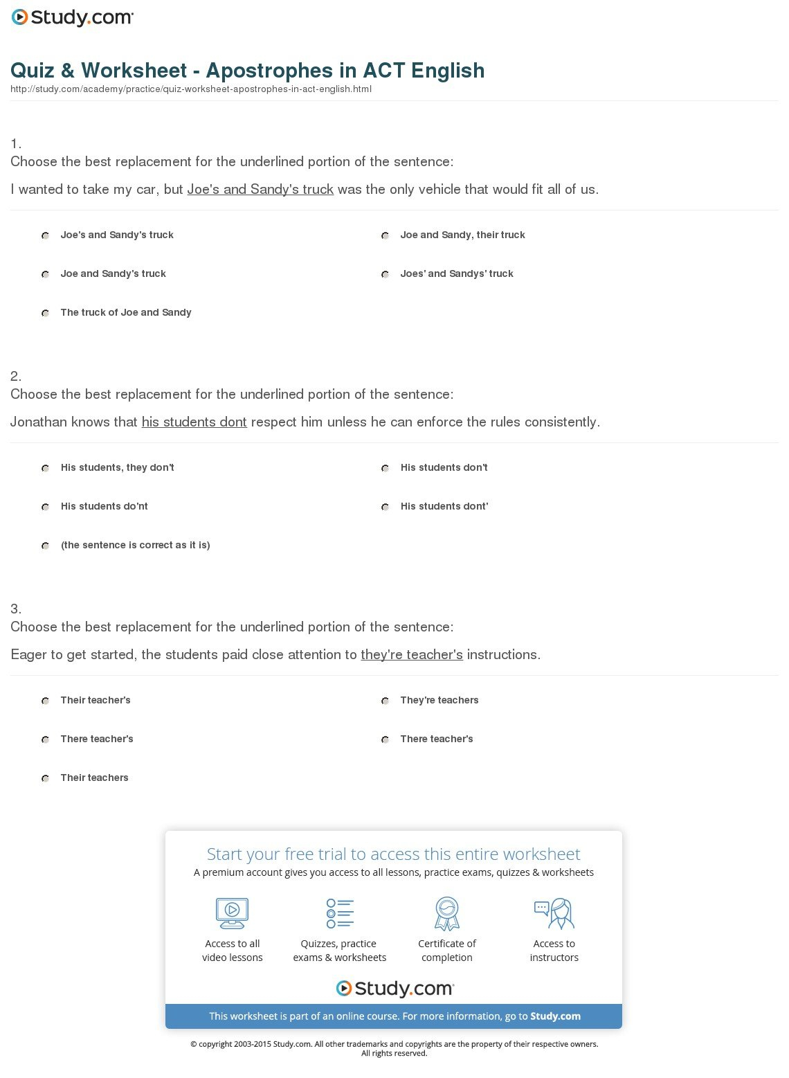 Quiz  Worksheet  Apostrophes In Act English  Study Throughout Apostrophe Worksheets With Answer Key