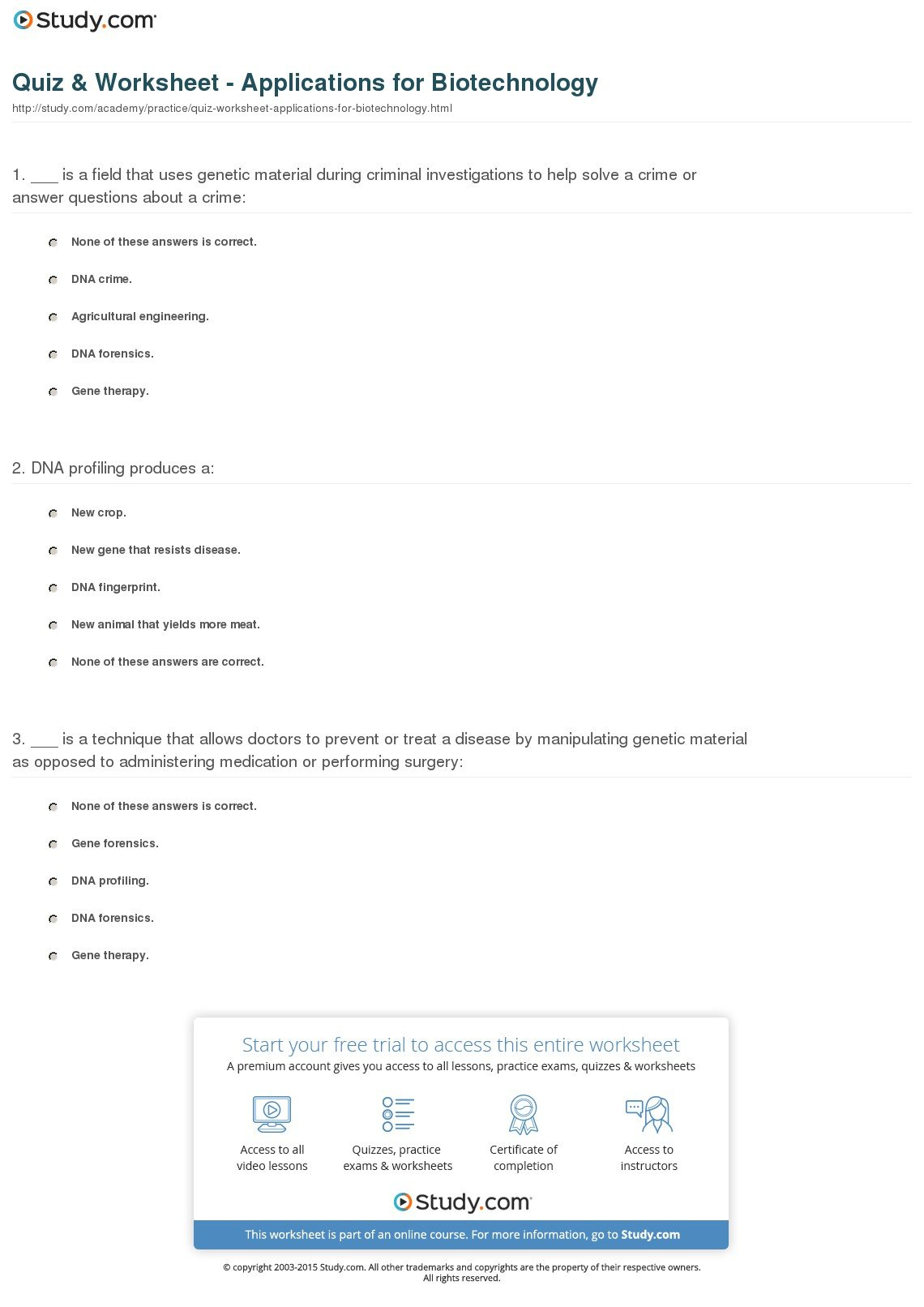 Quiz  Worksheet  Applications For Biotechnology  Study Intended For Biotechnology Worksheet Answers