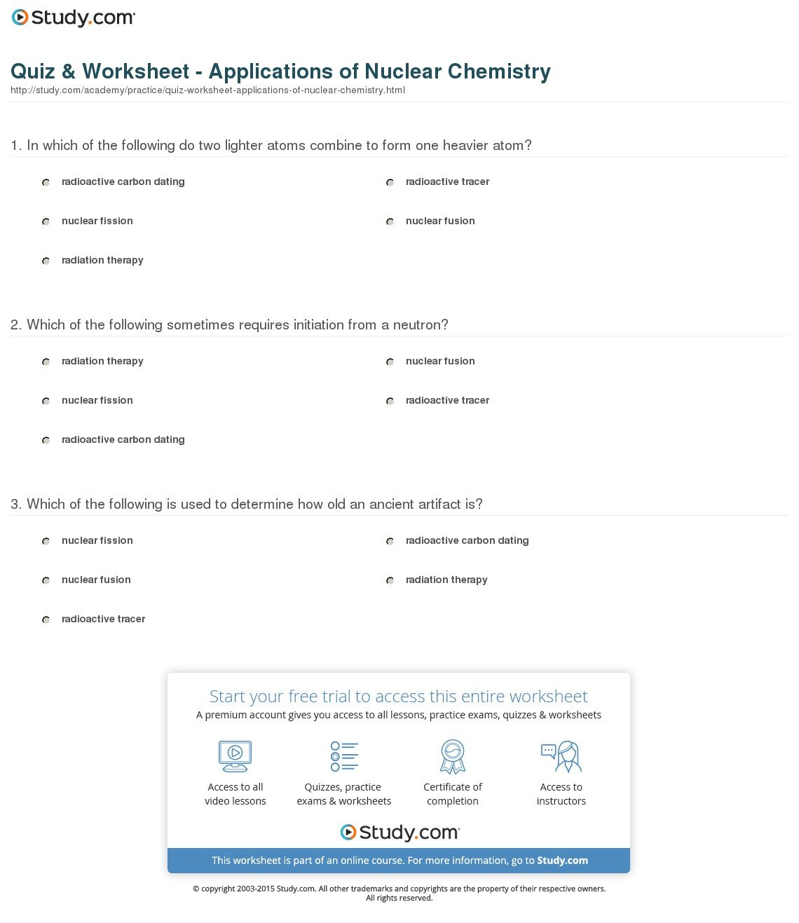 Quiz  Worksheet  Applications Of Nuclear Chemistry  Study Also Nuclear Chemistry Worksheet