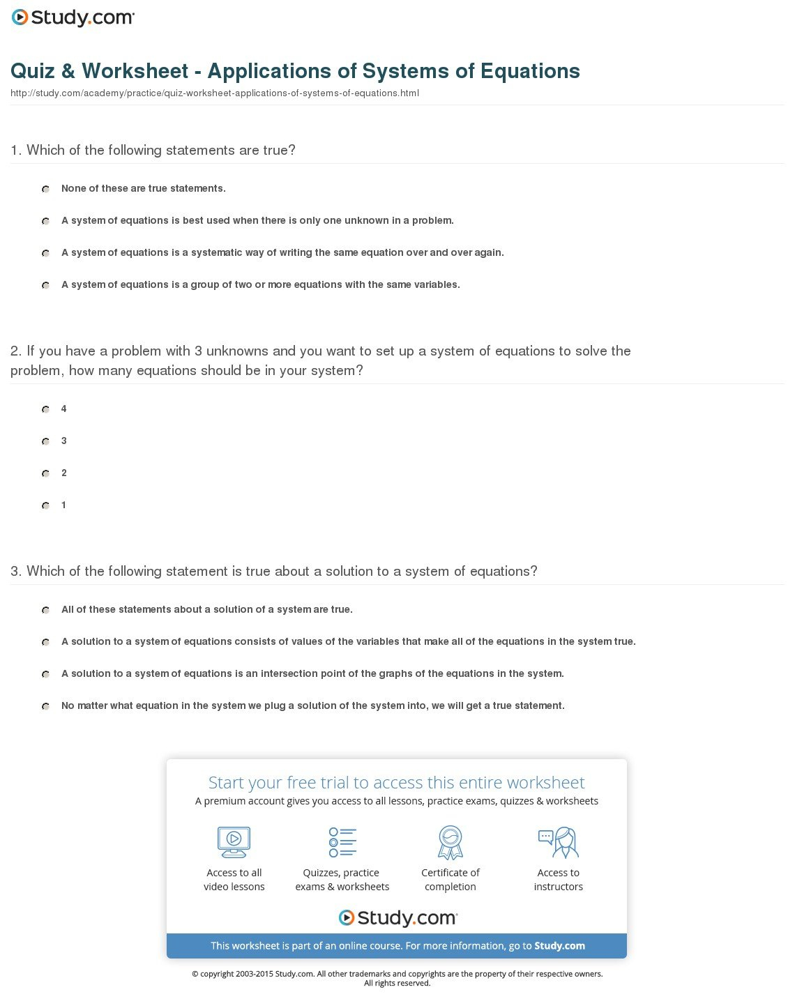 Quiz  Worksheet  Applications Of Systems Of Equations  Study Throughout Systems Of Equations Practice Worksheet Answers