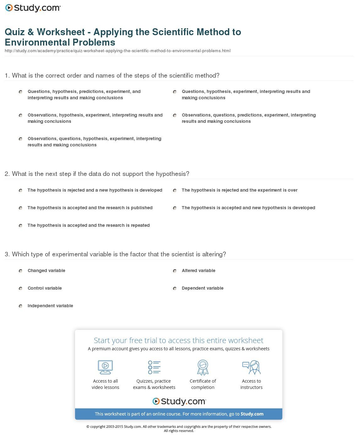 Quiz  Worksheet  Applying The Scientific Method To Environmental With Introduction To The Scientific Method Worksheet