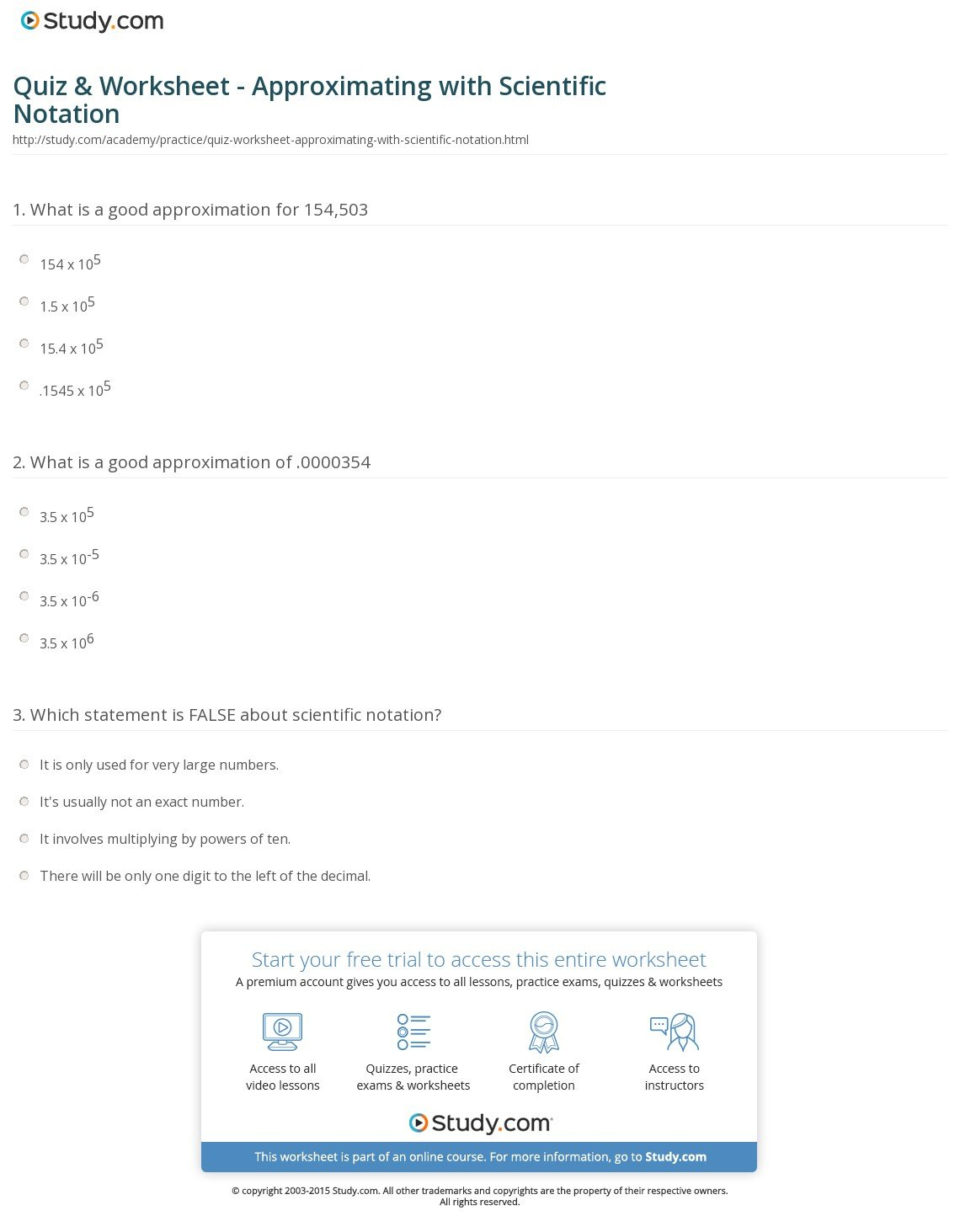 Quiz  Worksheet  Approximating With Scientific Notation  Study Inside Worksheet 2 Scientific Notation Answers