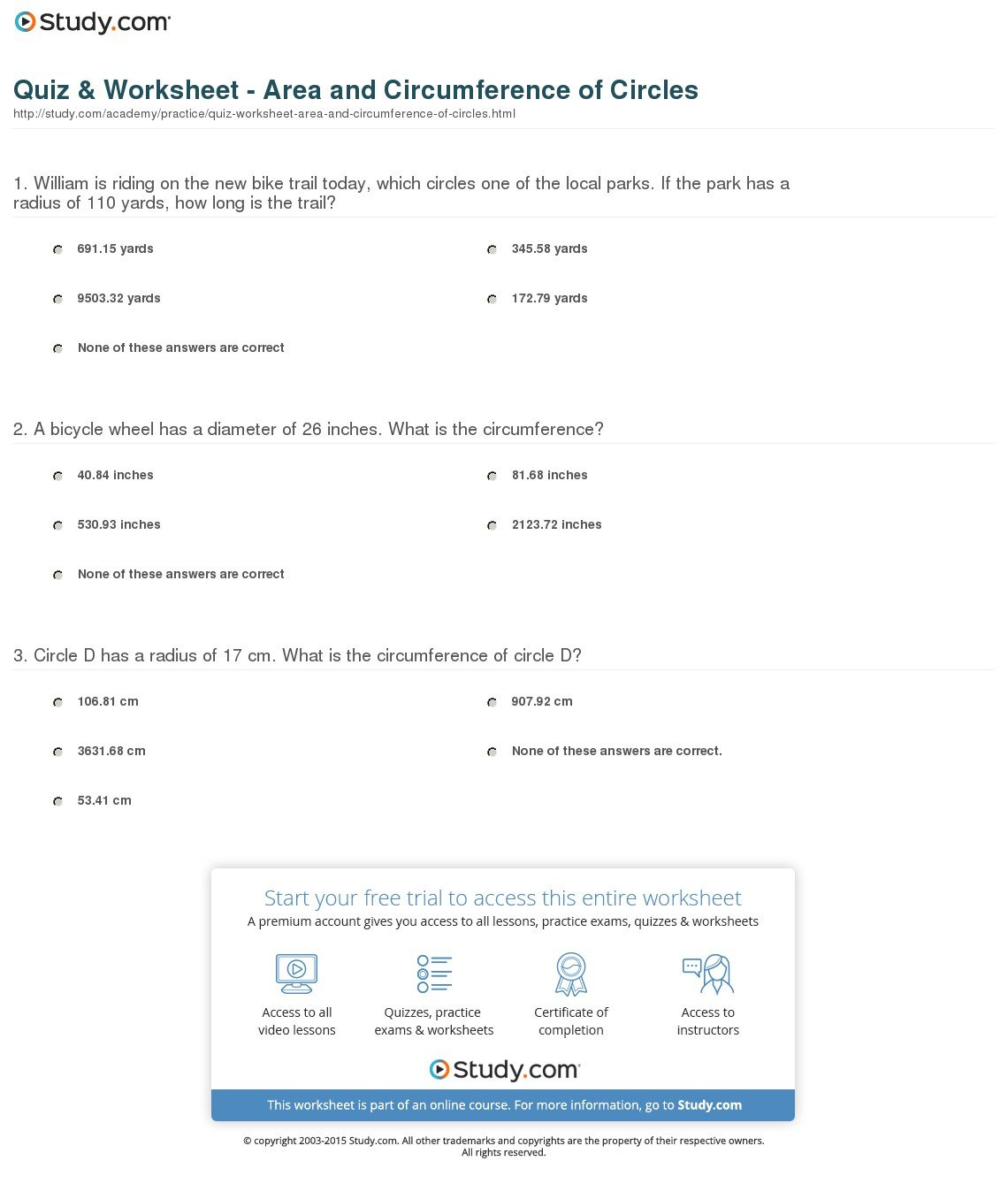 Quiz  Worksheet  Area And Circumference Of Circles  Study Or Area And Circumference Of A Circle Worksheet Answers