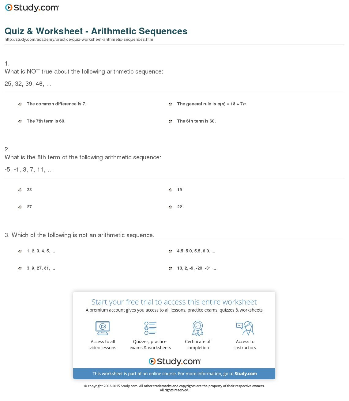 Quiz  Worksheet  Arithmetic Sequences  Study For Arithmetic Sequence Practice Worksheet
