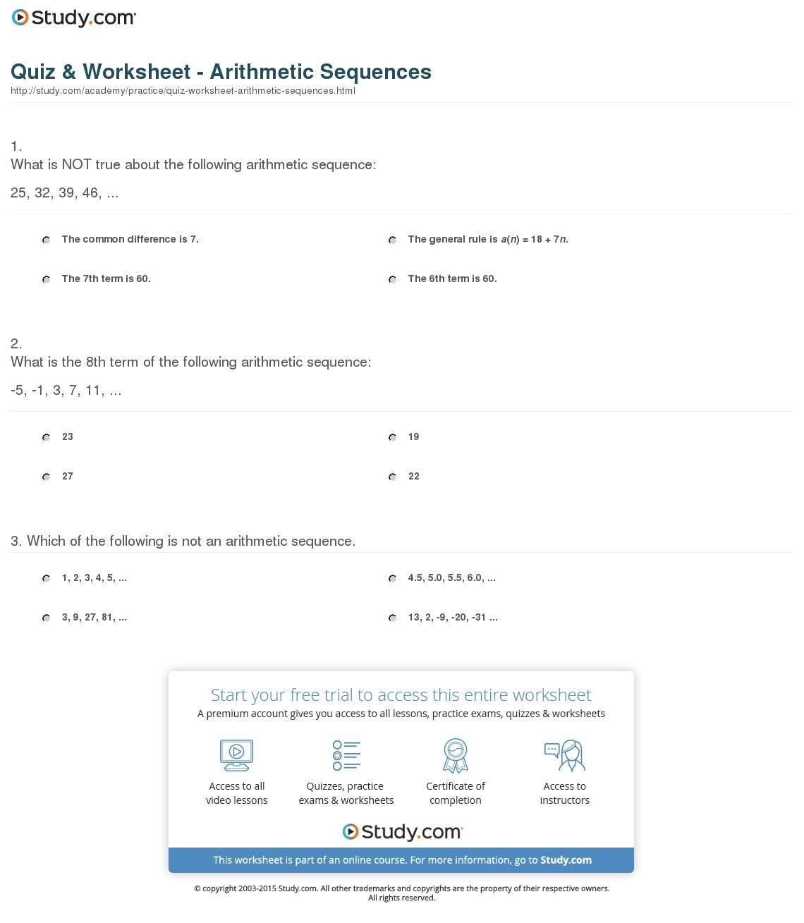 Quiz  Worksheet  Arithmetic Sequences  Study With Regard To Arithmetic Sequences And Series Worksheet