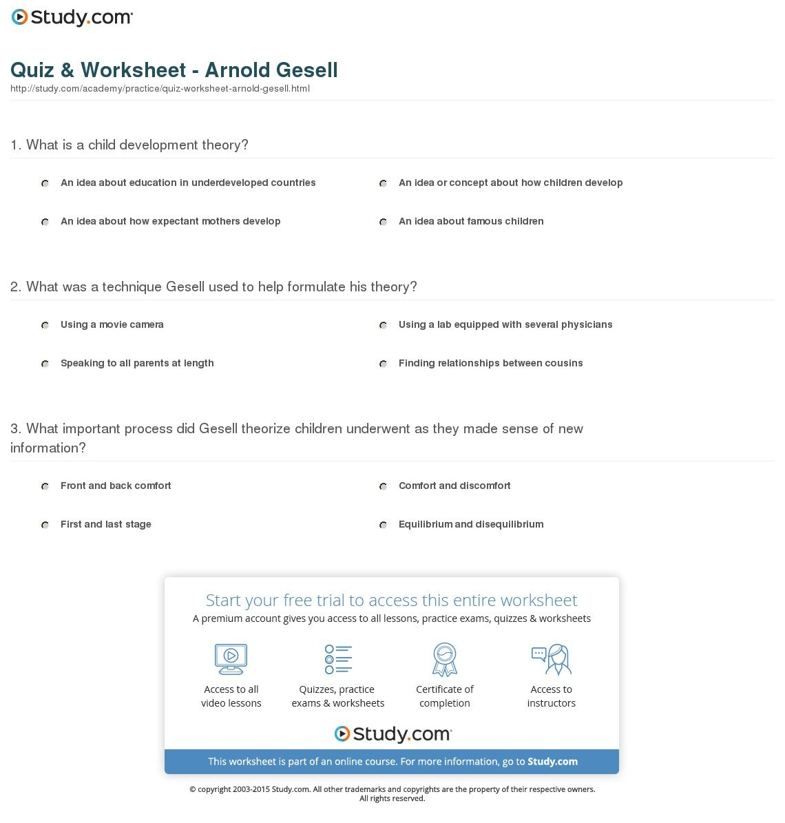 Quiz  Worksheet  Arnold Gesell  Study Regarding Child Development Principles And Theories Worksheet Answers
