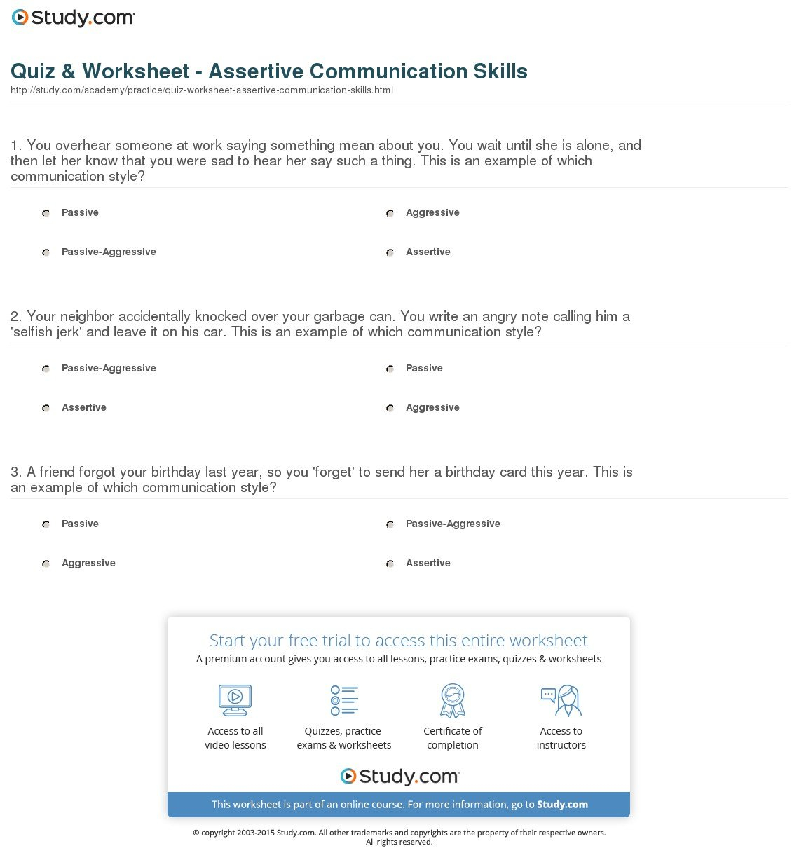Quiz  Worksheet  Assertive Communication Skills  Study For Assertiveness Training Worksheets