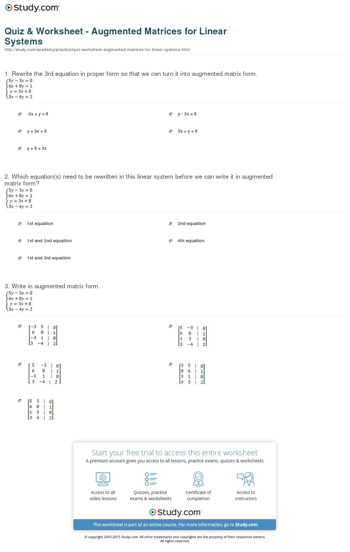 Quiz  Worksheet  Augmented Matrices For Linear Systems  Study Along With Matrices Worksheet With Answers