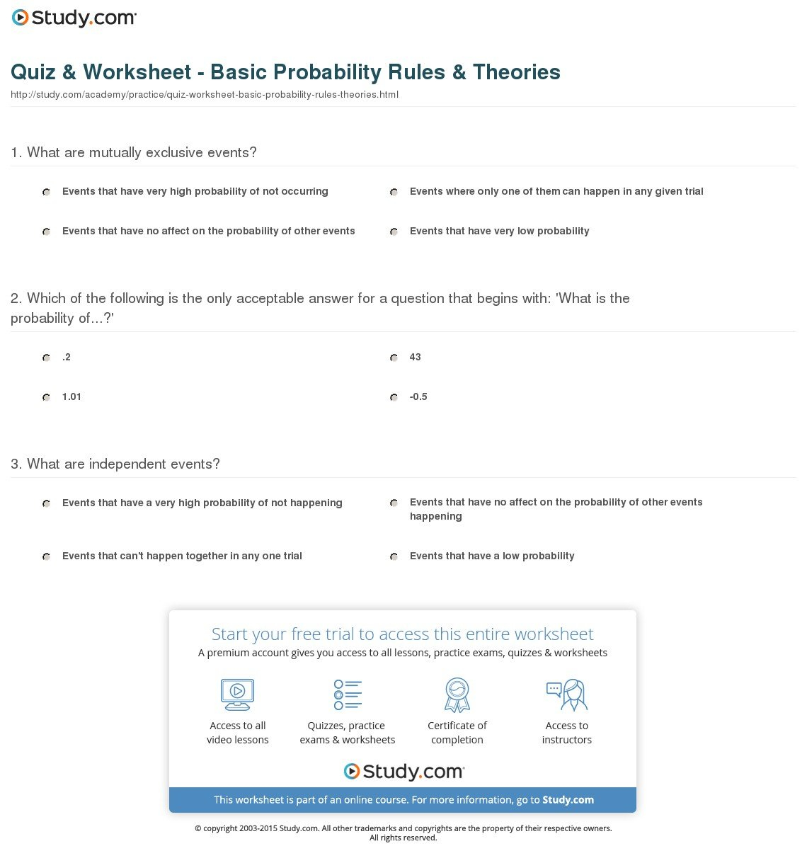 Quiz  Worksheet  Basic Probability Rules  Theories  Study Intended For Complement Probability Worksheet With Answers