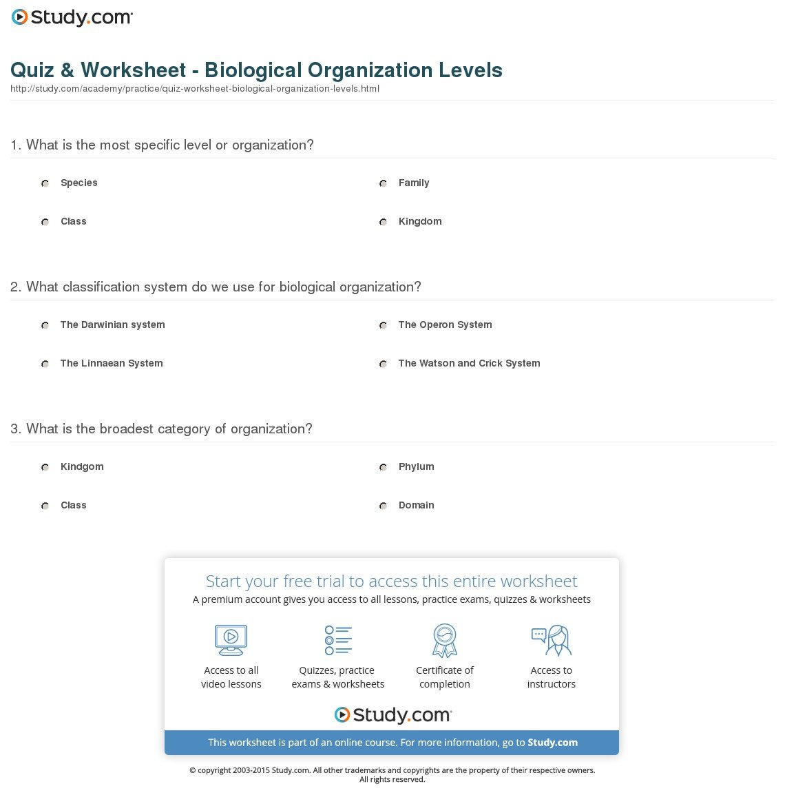 Quiz  Worksheet  Biological Organization Levels  Study And Levels Of Biological Organization Worksheet