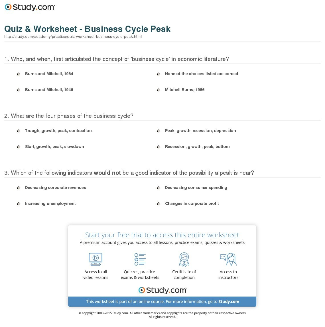 Quiz  Worksheet  Business Cycle Peak  Study Along With Business Cycle Worksheet Answer Key