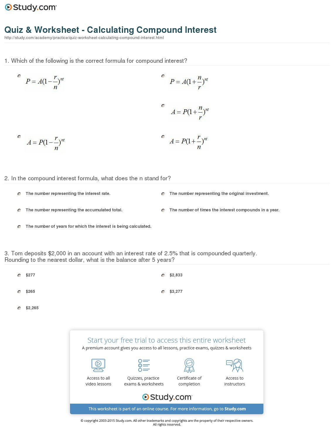 Quiz  Worksheet  Calculating Compound Interest  Study Intended For Compound Interest Worksheet