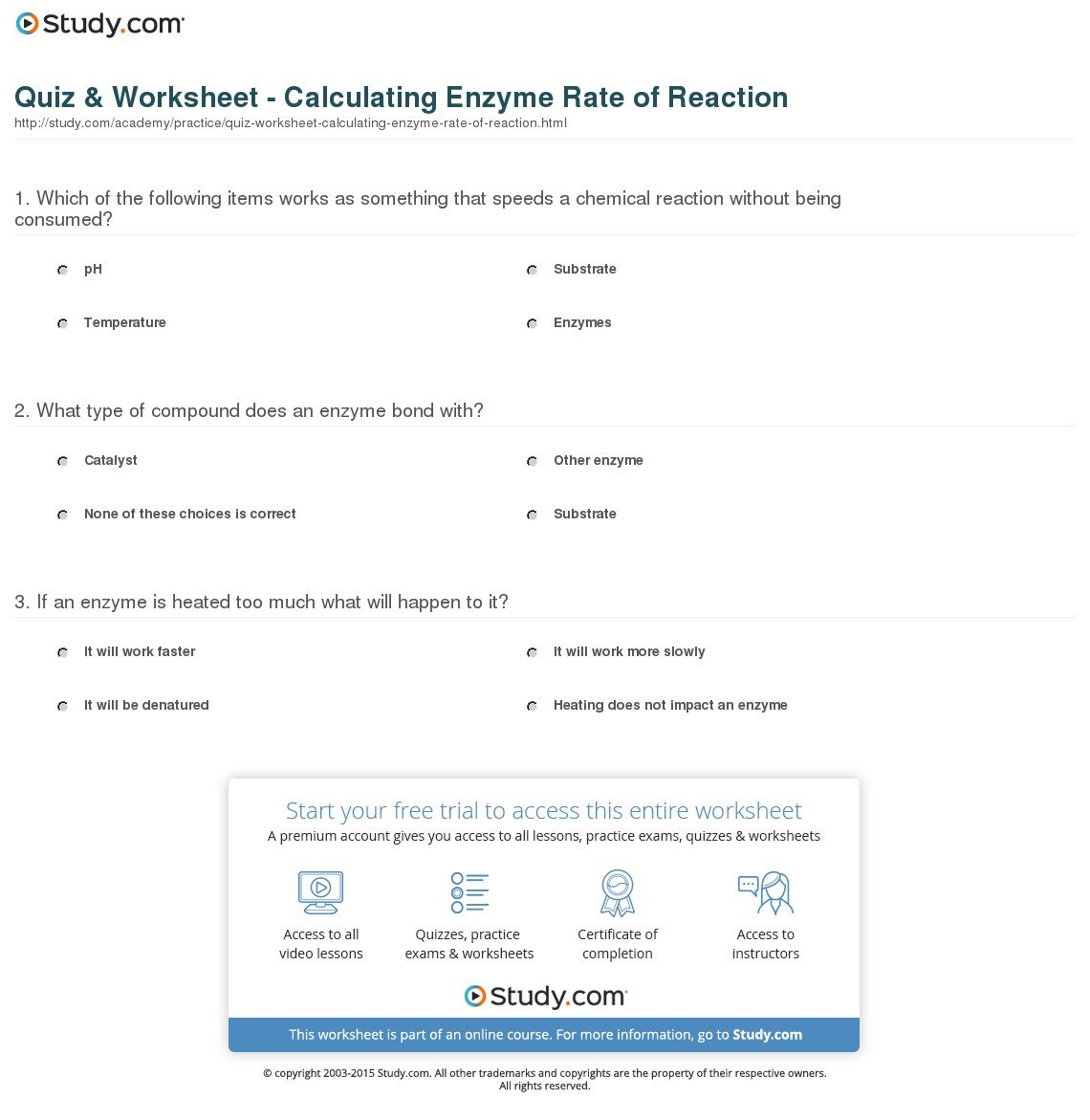 Quiz  Worksheet  Calculating Enzyme Rate Of Reaction  Study Within Enzyme Reactions Worksheet