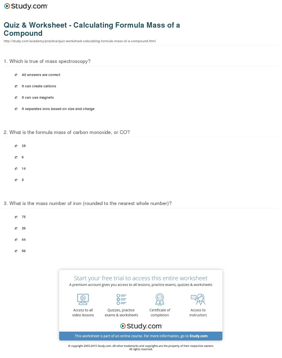 Quiz  Worksheet  Calculating Formula Mass Of A Compound  Study Along With Computing Formula Mass Worksheet