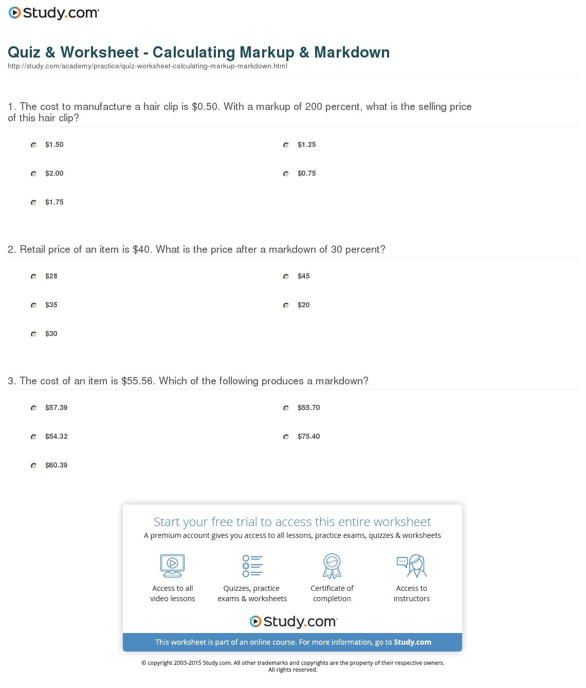 Quiz  Worksheet  Calculating Markup  Markdown  Study As Well As Markup And Markdown Worksheet