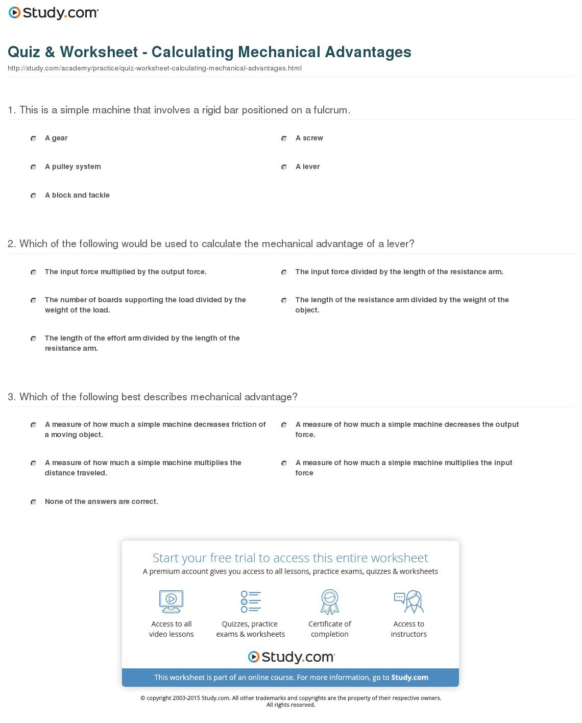 Quiz  Worksheet  Calculating Mechanical Advantages  Study Throughout Simple Machines And Mechanical Advantage Worksheet Answers