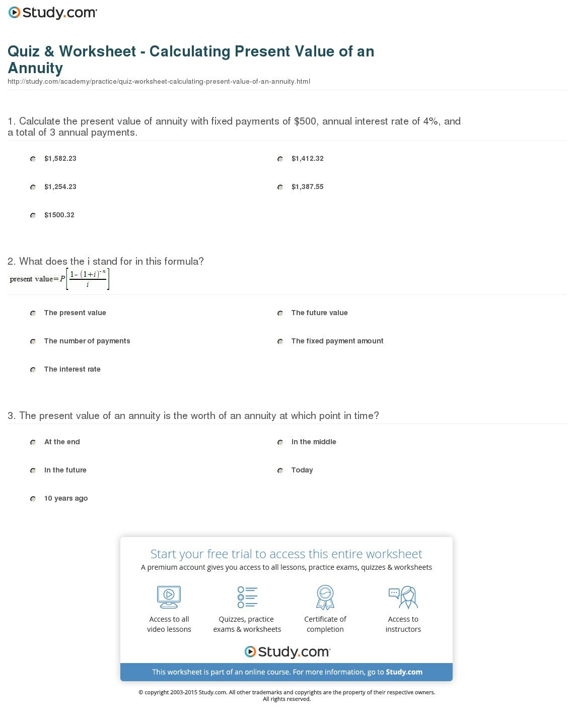 Quiz  Worksheet  Calculating Present Value Of An Annuity  Study As Well As Annuity Worksheet