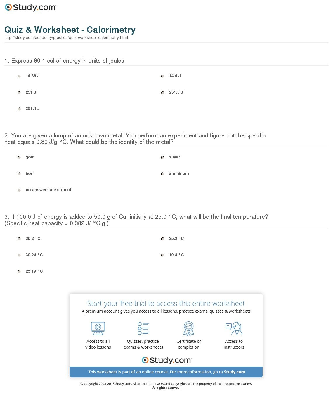 Quiz  Worksheet  Calorimetry  Study With Regard To Calorimetry Practice Worksheet