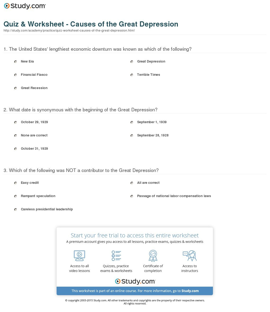 Quiz  Worksheet  Causes Of The Great Depression  Study Inside The Great Depression Worksheet