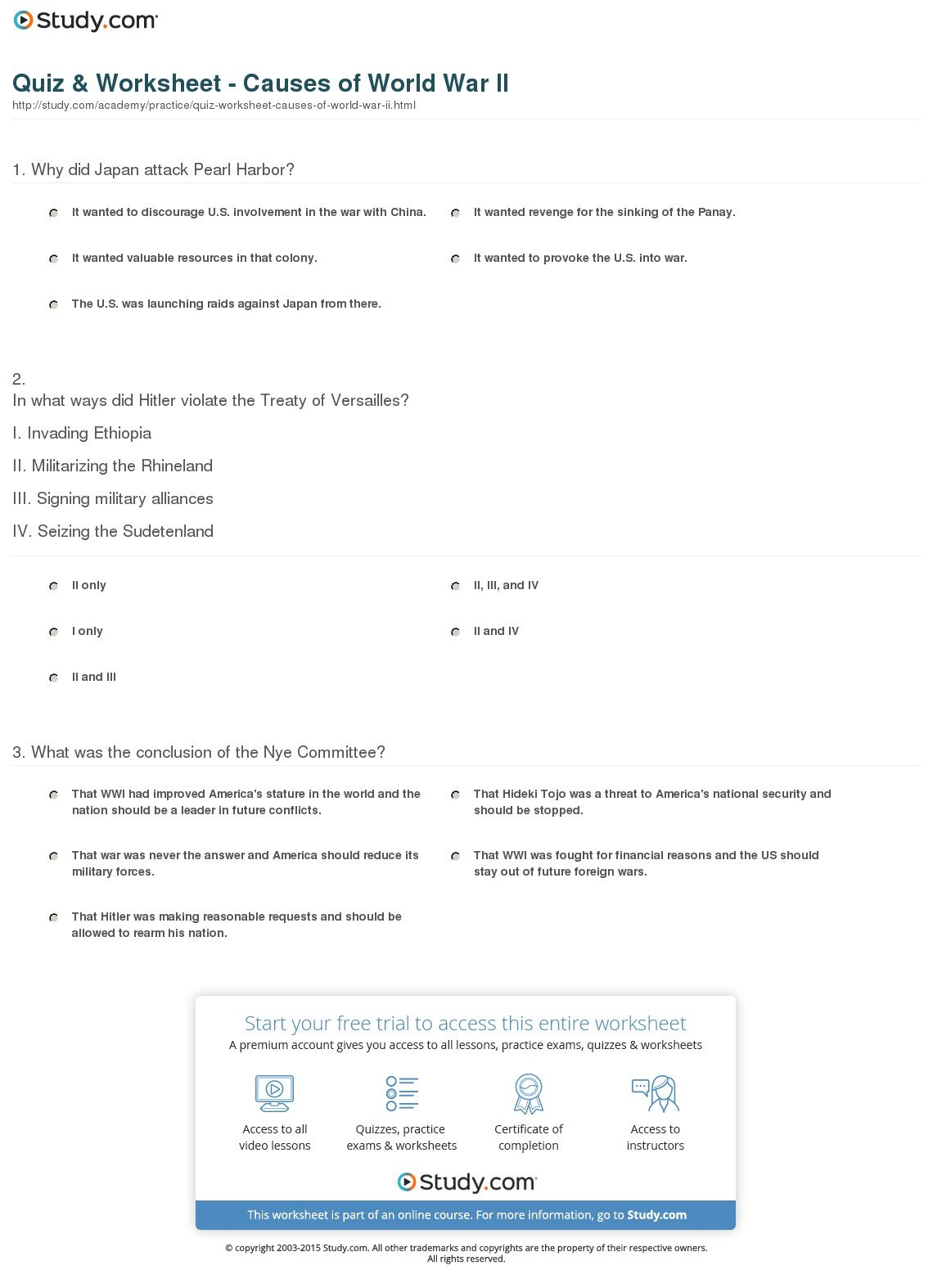 Quiz  Worksheet  Causes Of World War Ii  Study For World War 2 Worksheets With Answers