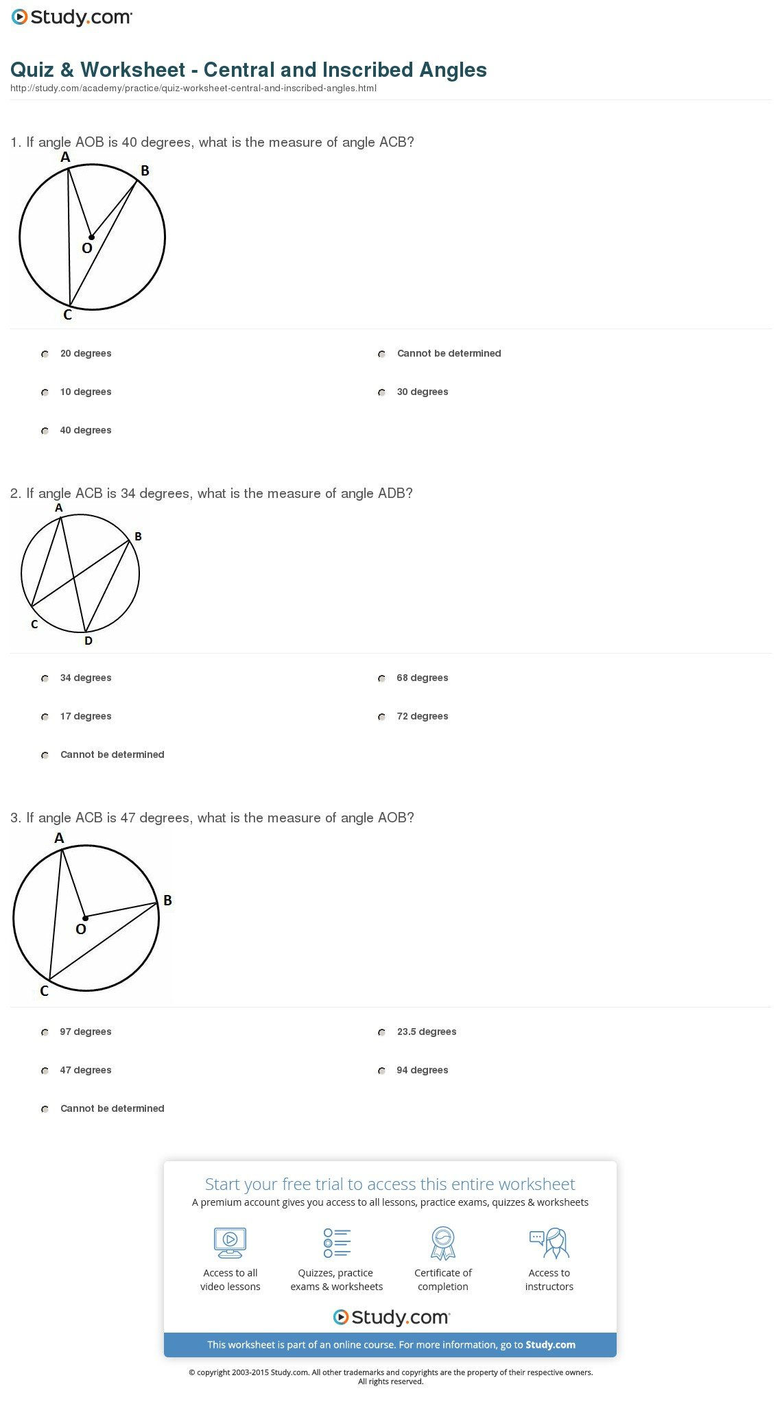 Quiz  Worksheet  Central And Inscribed Angles  Study In Inscribed Angles Worksheet