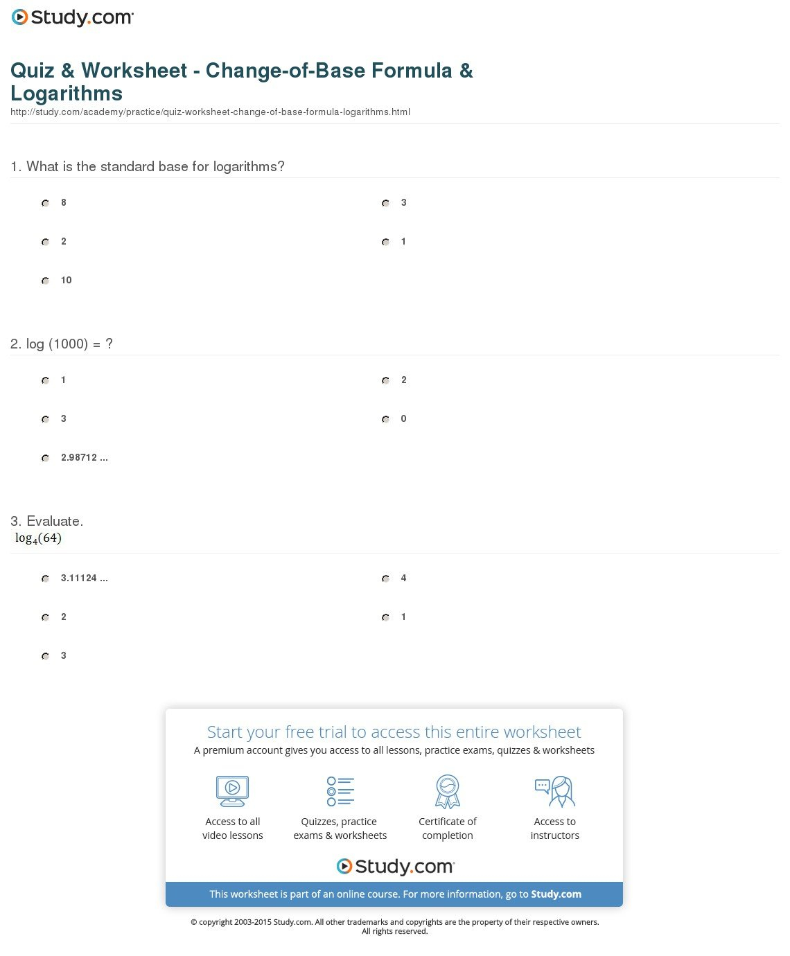 Quiz  Worksheet  Changeofbase Formula  Logarithms  Study Also Evaluating Logarithms Worksheet
