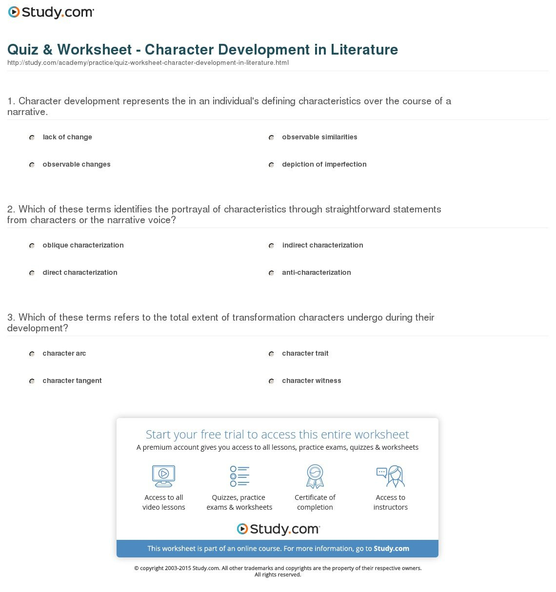 Quiz  Worksheet  Character Development In Literature  Study And Character Development Worksheet