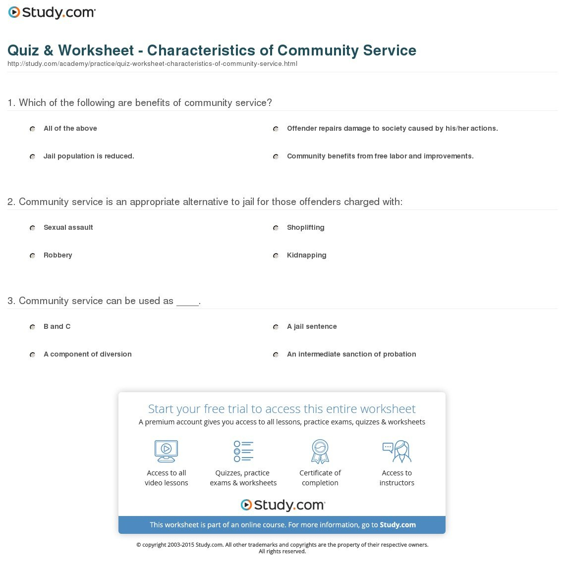 Quiz  Worksheet  Characteristics Of Community Service  Study With Regard To Community Service Worksheet