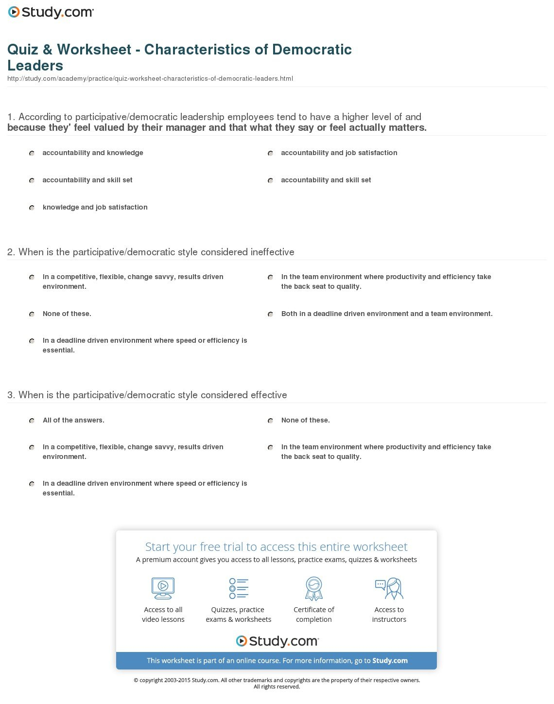 Quiz  Worksheet  Characteristics Of Democratic Leaders  Study For Situational Leadership Worksheet