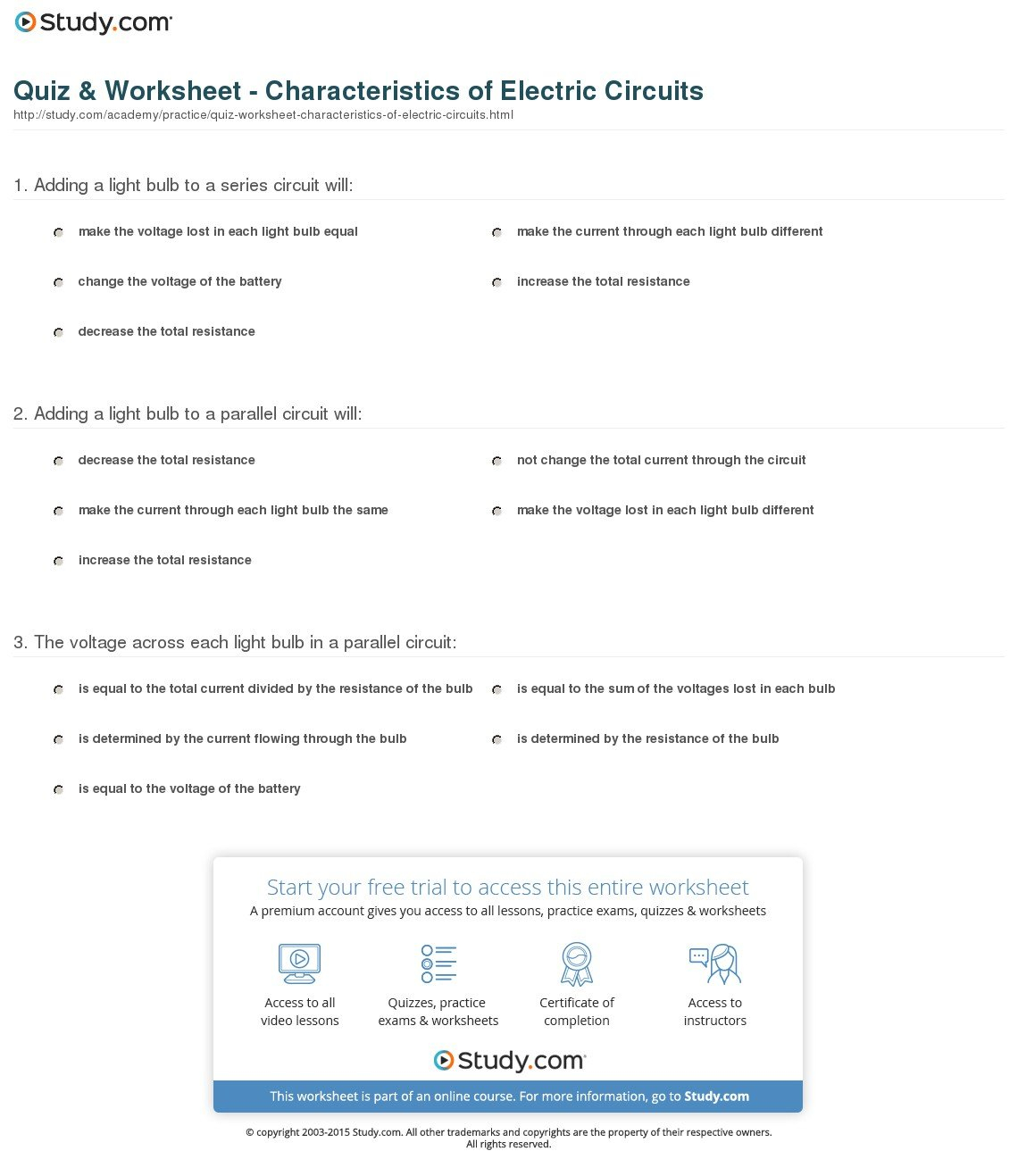 Quiz  Worksheet  Characteristics Of Electric Circuits  Study As Well As Electric Circuits Worksheets With Answers