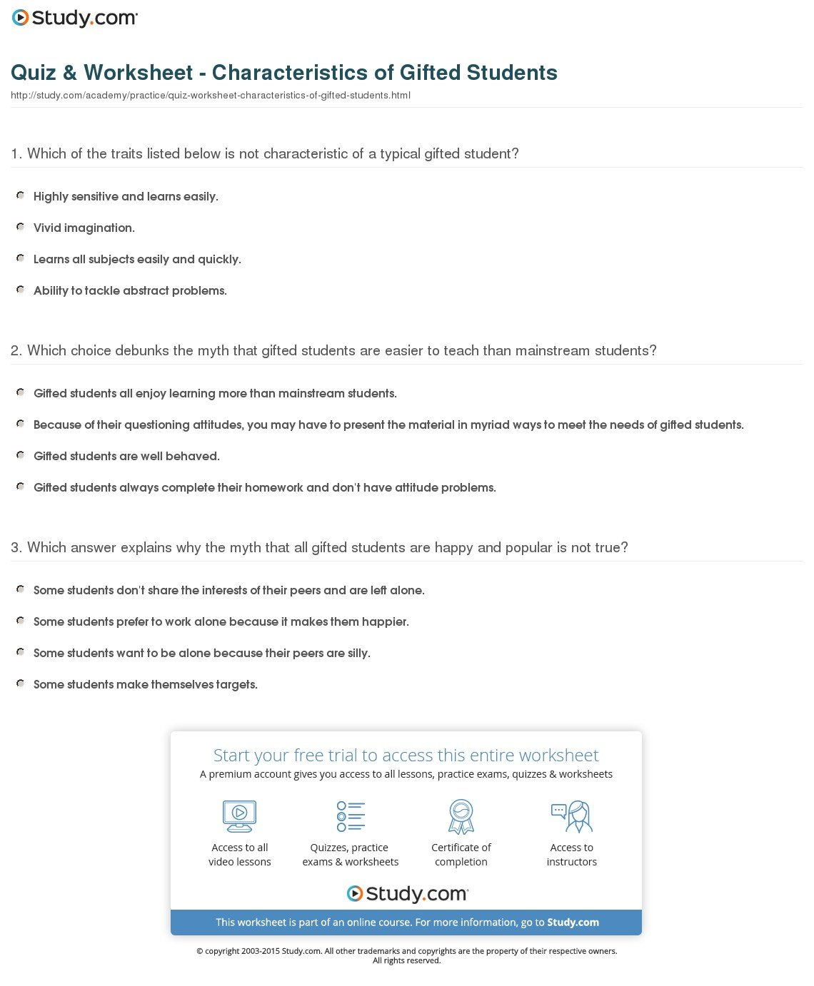 Quiz  Worksheet  Characteristics Of Gifted Students  Study Also Gifted And Talented Worksheets