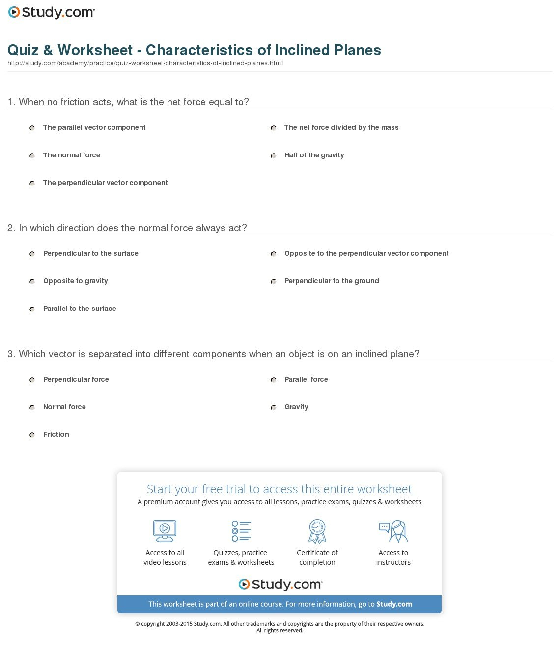 Quiz  Worksheet  Characteristics Of Inclined Planes  Study Pertaining To Inclined Plane Worksheet