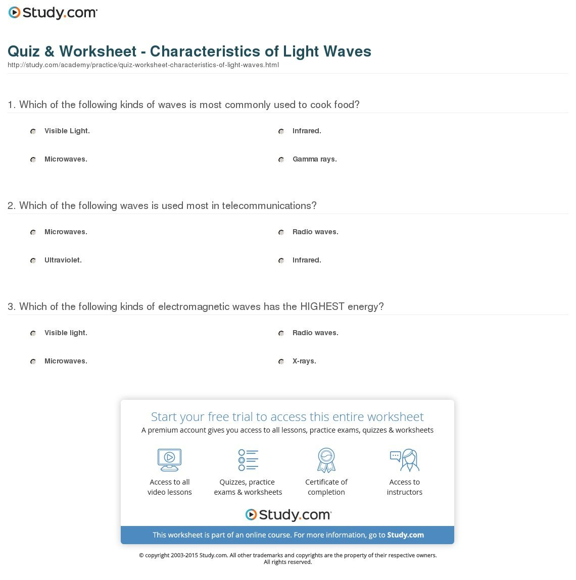 Quiz  Worksheet  Characteristics Of Light Waves  Study For Light Me Up Math Worksheet Answers
