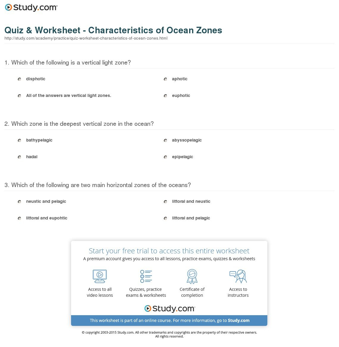 Quiz  Worksheet  Characteristics Of Ocean Zones  Study Inside Ocean Current Worksheet Answer Key