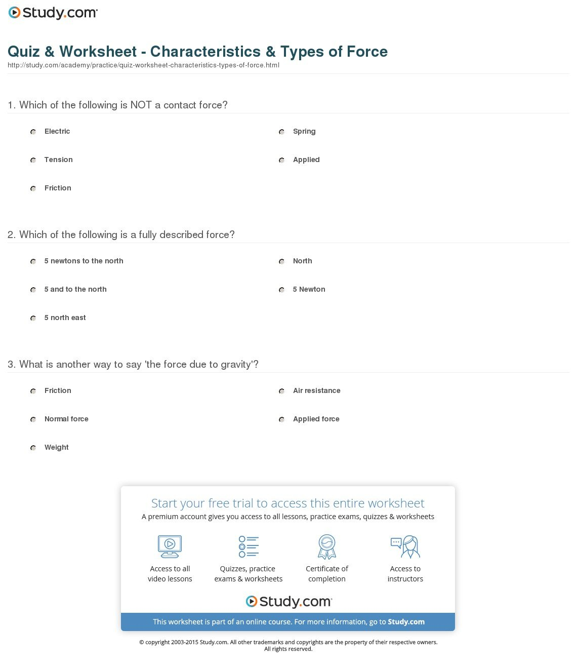 Quiz  Worksheet  Characteristics  Types Of Force  Study Throughout Force And Motion Worksheets Pdf