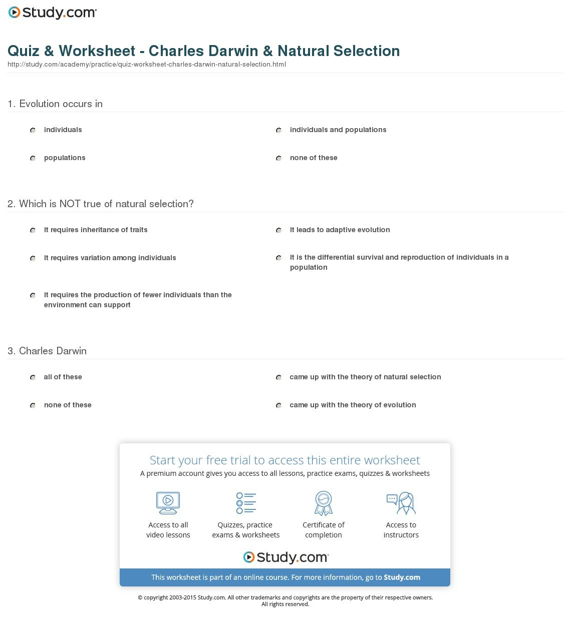 Quiz  Worksheet  Charles Darwin  Natural Selection  Study For Evolution By Natural Selection Worksheet