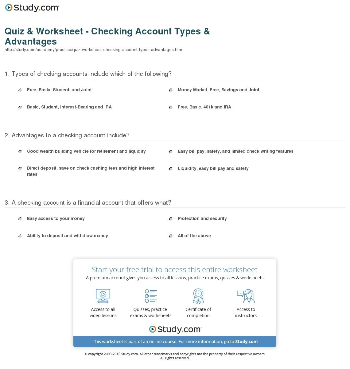 Quiz  Worksheet  Checking Account Types  Advantages  Study For Checking Account Worksheets