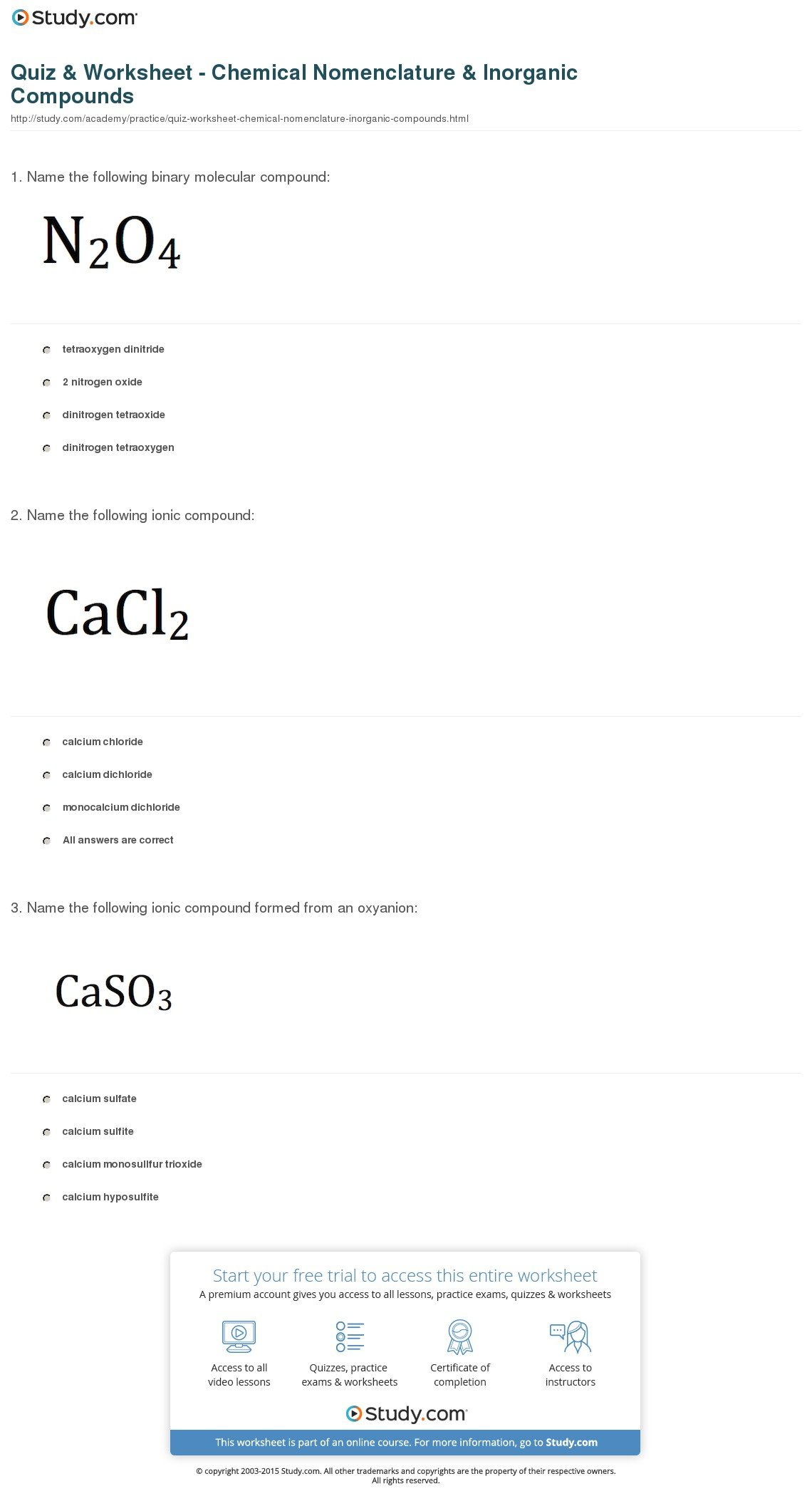 Quiz  Worksheet  Chemical Nomenclature  Inorganic Compounds And Chemical Nomenclature Worksheet