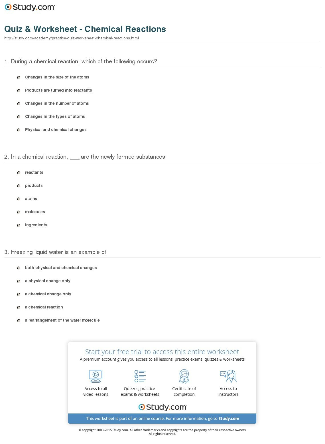 Quiz  Worksheet  Chemical Reactions  Study And Types Of Chemical Reaction Worksheet Ch 7 Answers