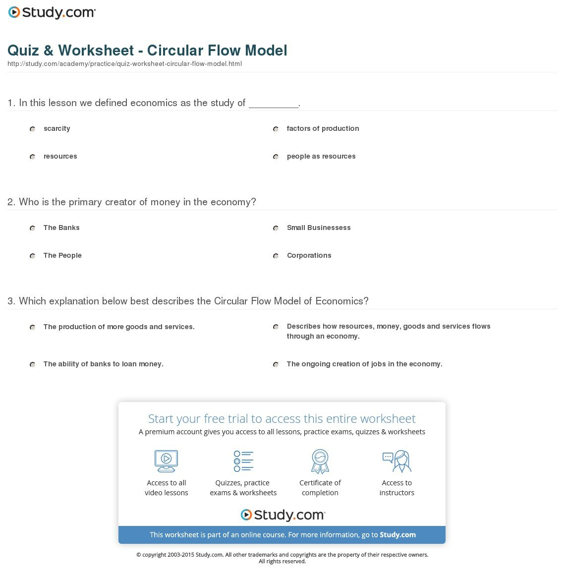 Quiz  Worksheet  Circular Flow Model  Study Or Circular Flow Of Economic Activity Worksheet Answers