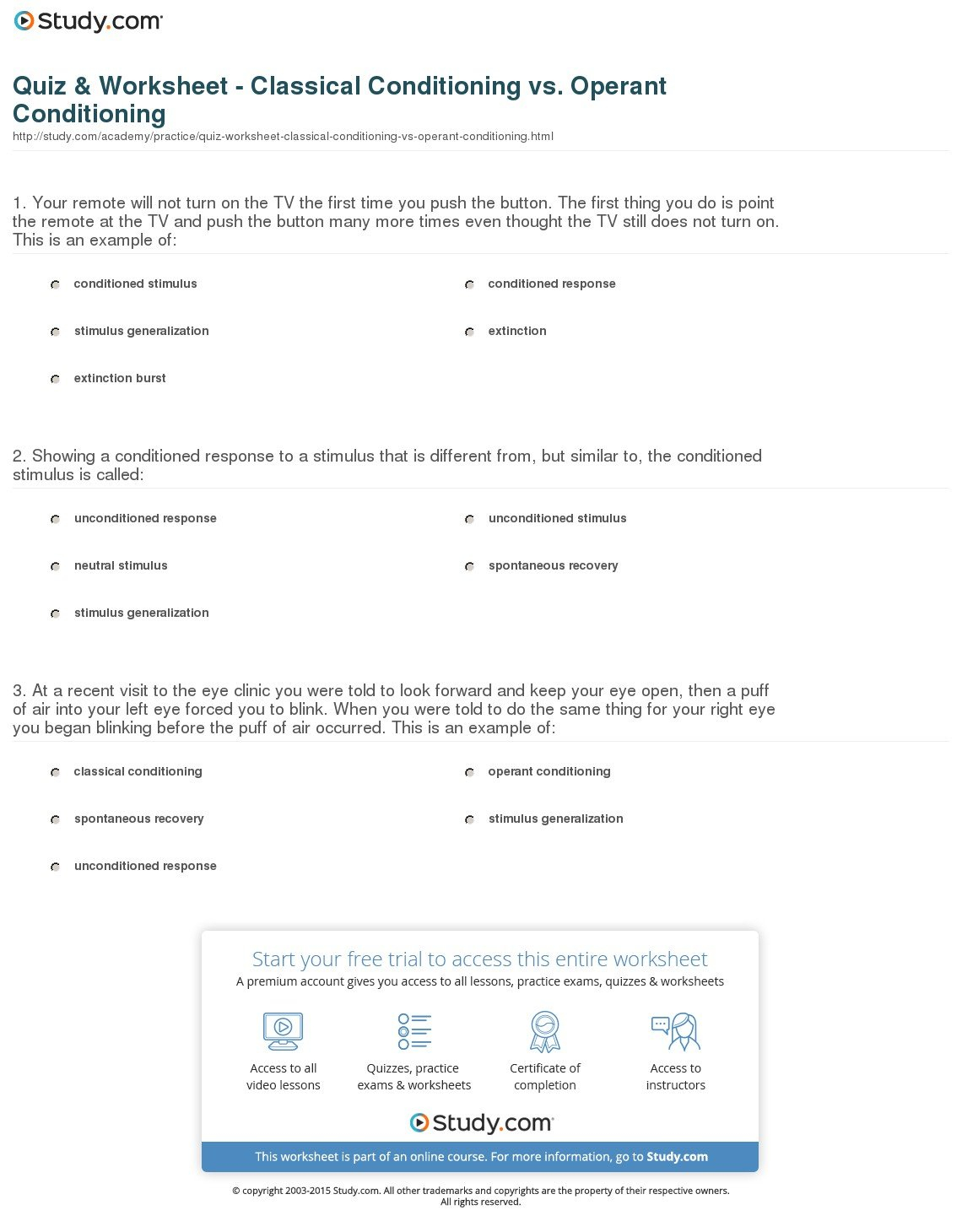 Quiz  Worksheet  Classical Conditioning Vs Operant Conditioning As Well As Classical Conditioning Worksheet