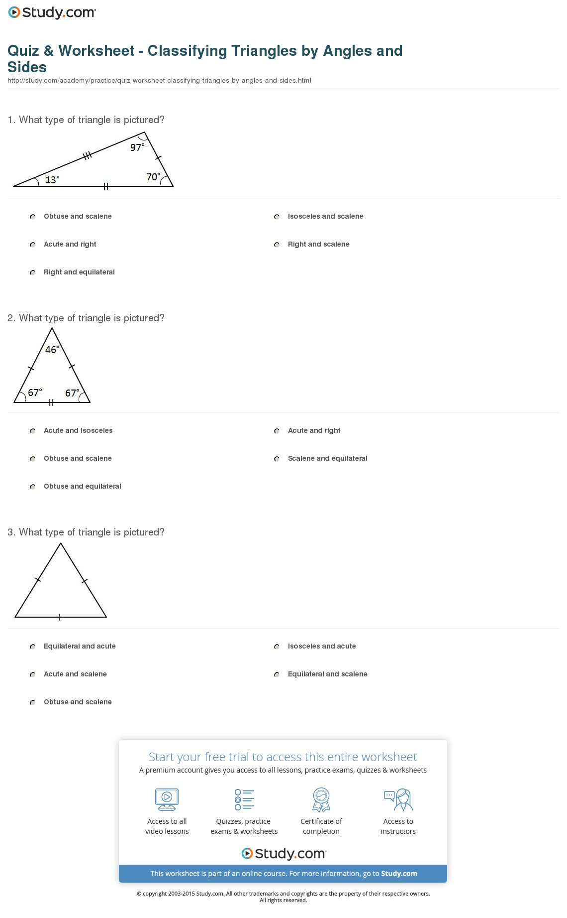 Quiz  Worksheet  Classifying Trianglesangles And Sides  Study Or Classifying Triangles By Angles Worksheet
