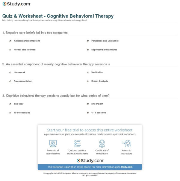 Quiz Worksheet Cognitive Behavioral Therapy Study regarding Therapy ...