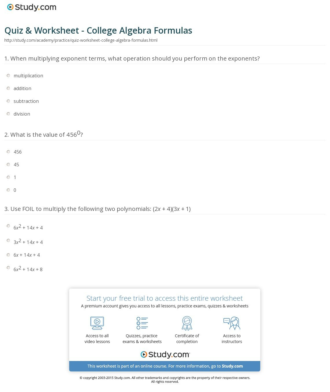 Quiz  Worksheet  College Algebra Formulas  Study Regarding College Algebra Worksheets
