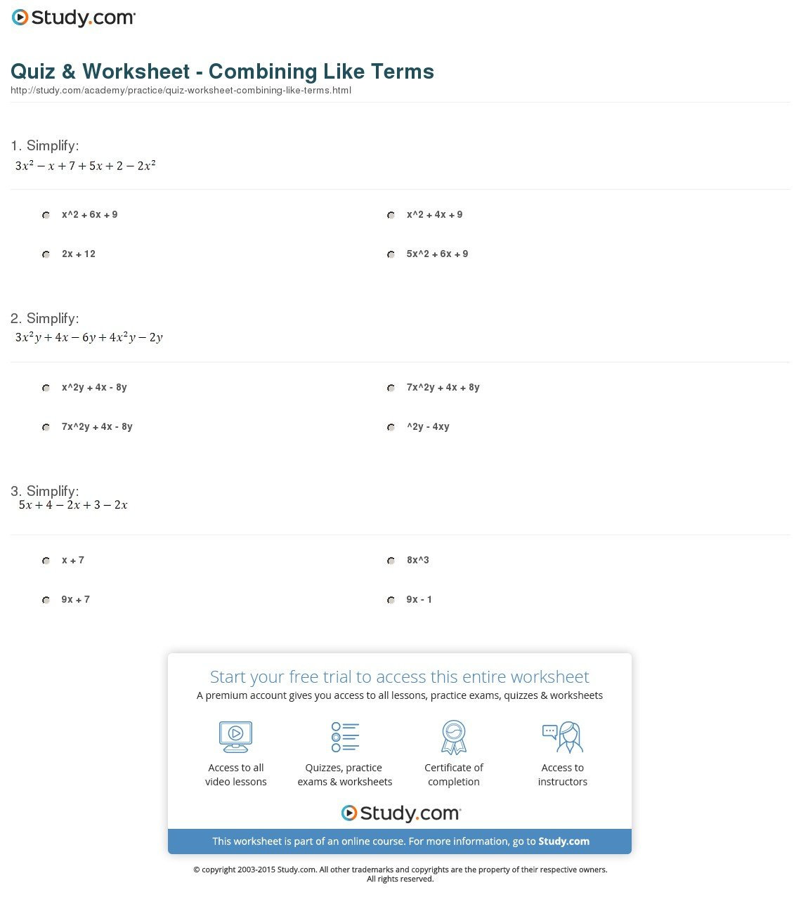 Quiz  Worksheet  Combining Like Terms  Study For Combining Like Terms Practice Worksheet