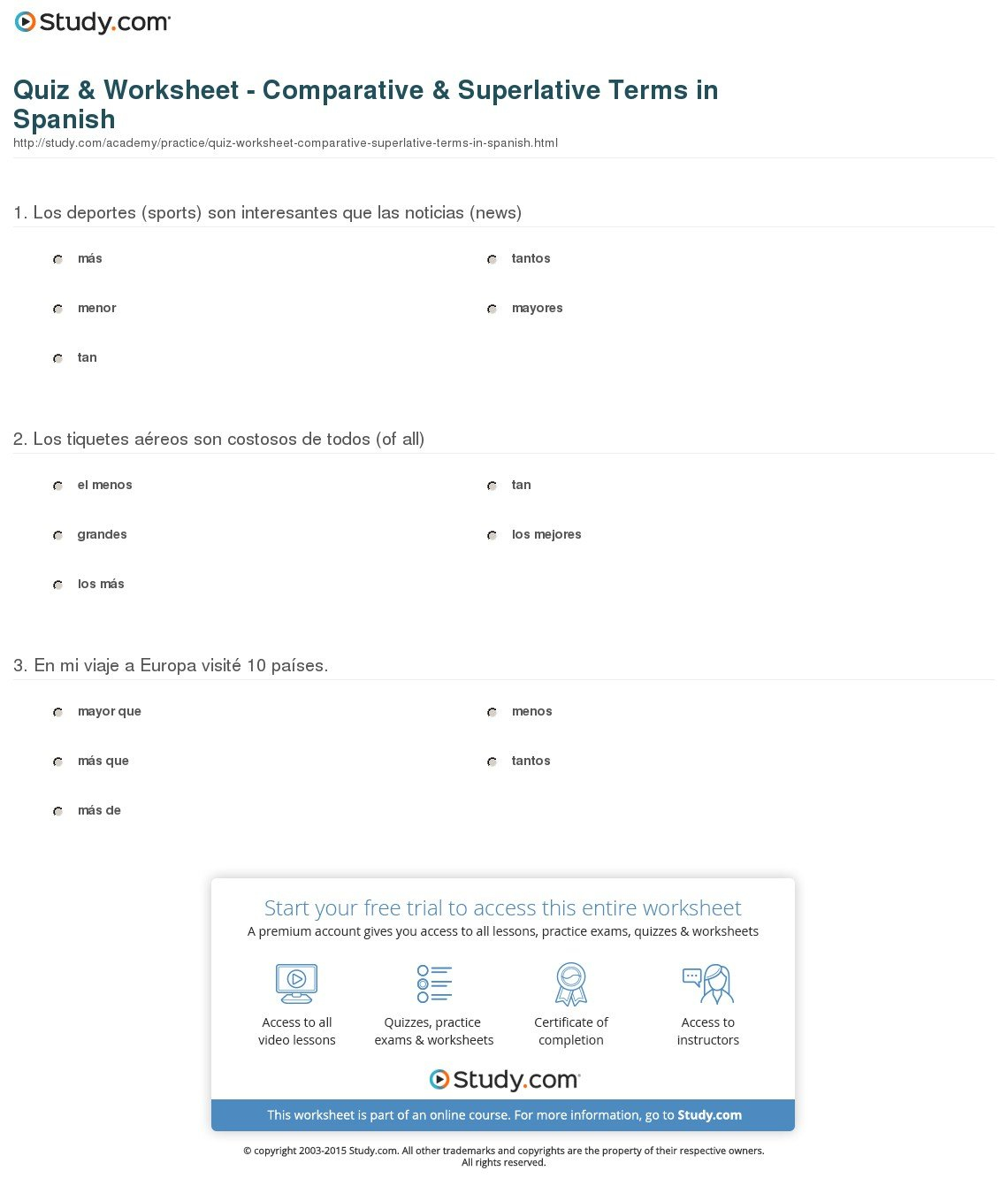 Quiz  Worksheet  Comparative  Superlative Terms In Spanish Also Comparatives And Superlatives Spanish Worksheets