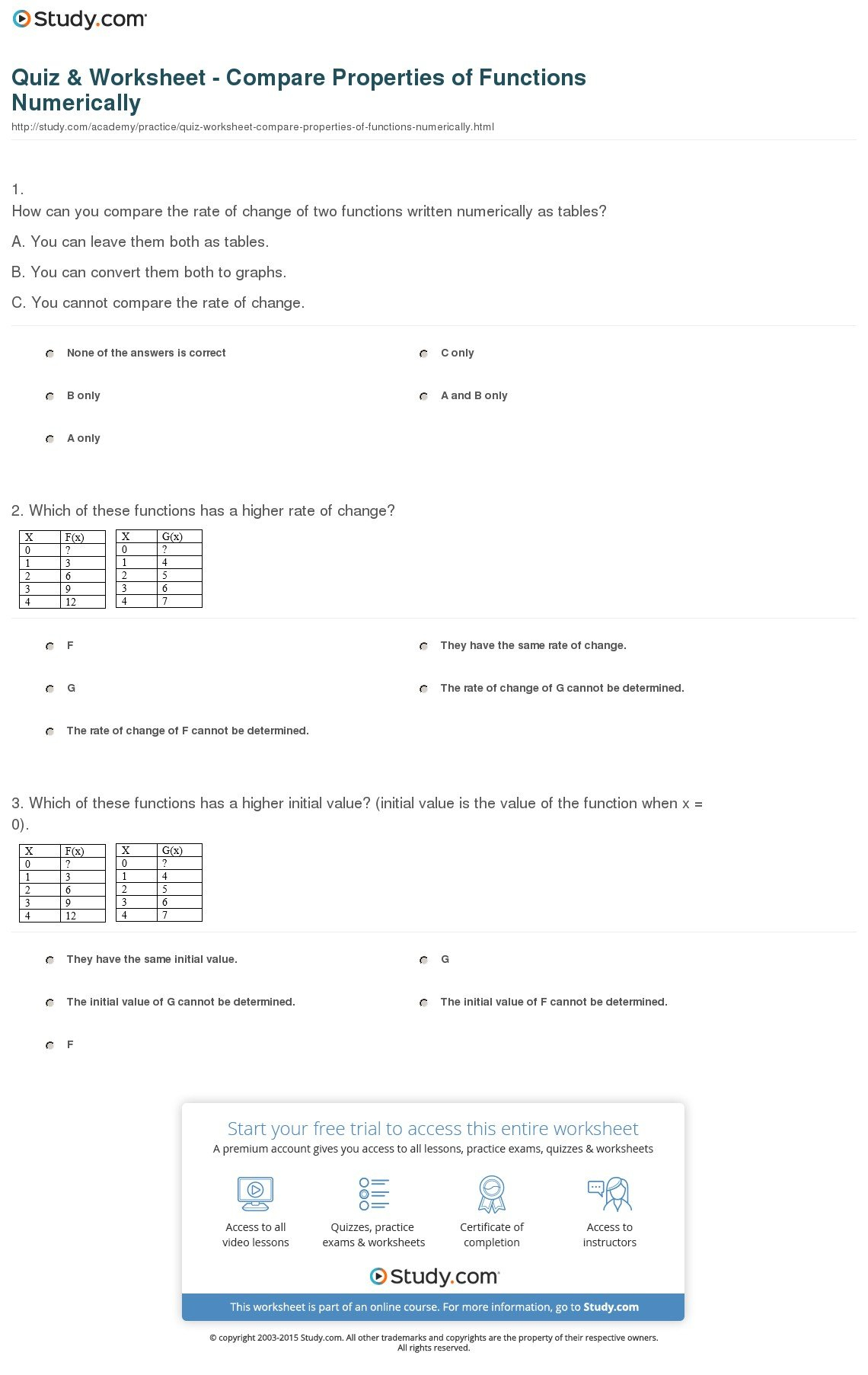 Quiz  Worksheet  Compare Properties Of Functions Numerically With Regard To Comparing Functions Worksheet Answers