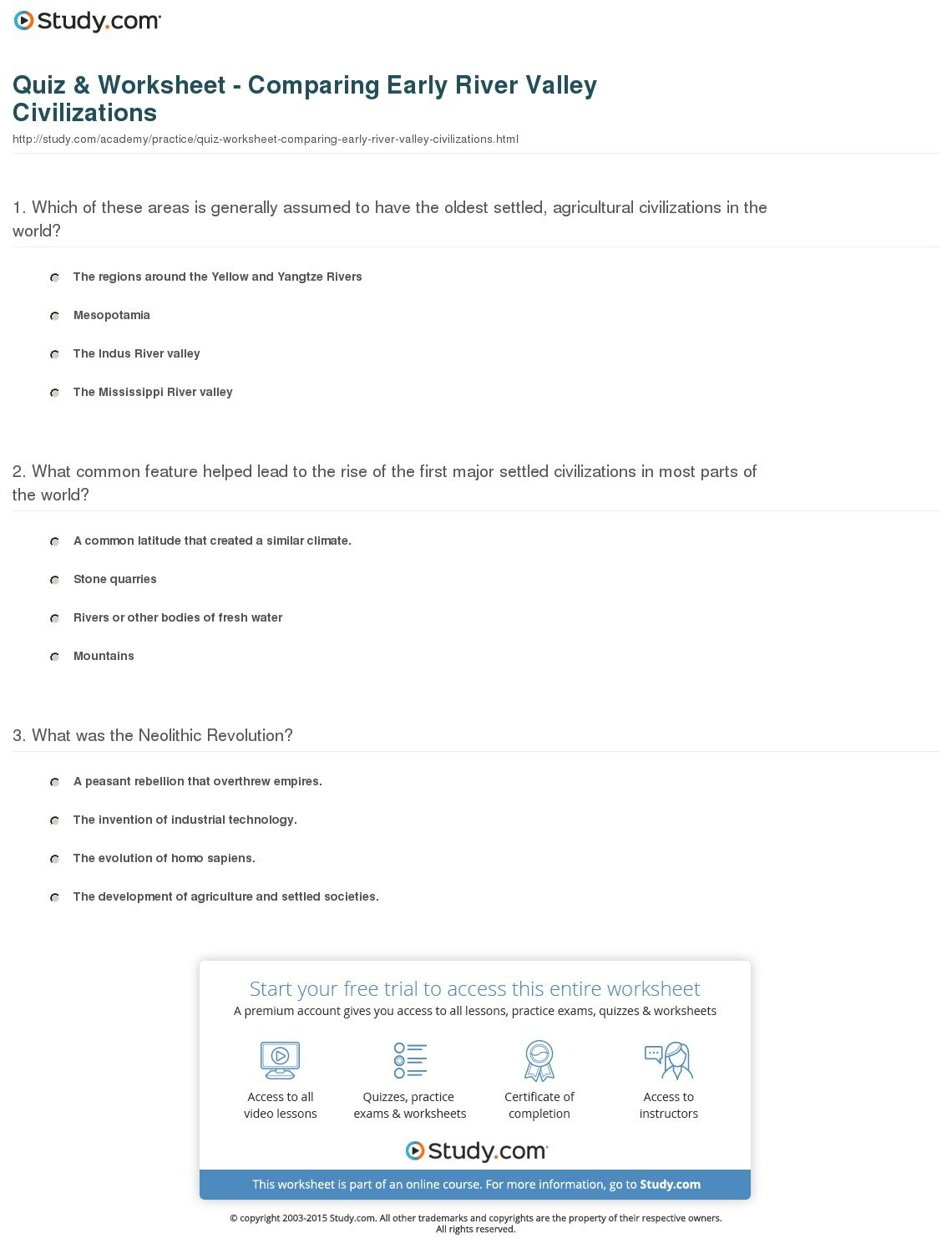 Quiz  Worksheet  Comparing Early River Valley Civilizations Together With River Valley Civilizations Worksheet Answer Key