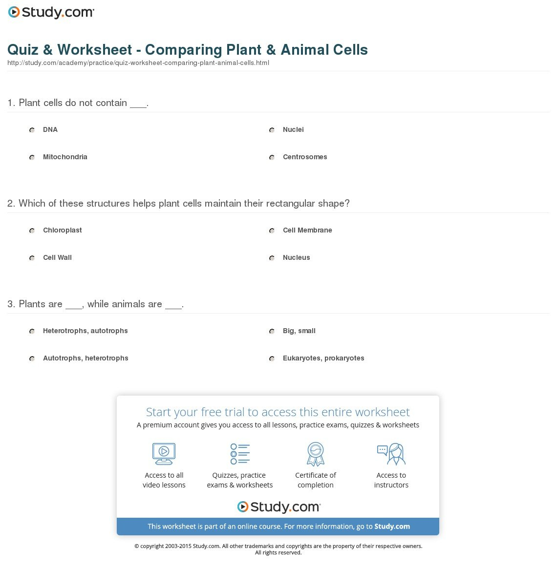Quiz  Worksheet  Comparing Plant  Animal Cells  Study As Well As Comparing Plant And Animal Cells Worksheet
